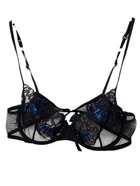 La Perla Navy Blue Sheer Underwire Bra  Embroidery 36B